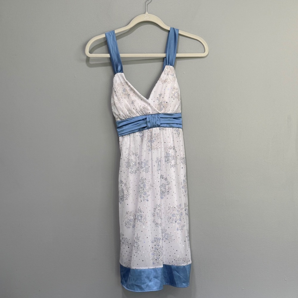 Deb White Blue Sequin Empire Waist Party Dress XL fairy vtg Y2K homecoming